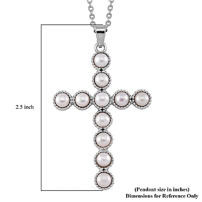 White Freshwater Pearl Cross Pendant in Silvertone with Stainless Steel Necklace 20 Inches