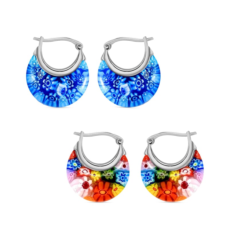 Set Of 2 Multi Color and Blue Color Murano Style Basket Earrings in Stainless Steel