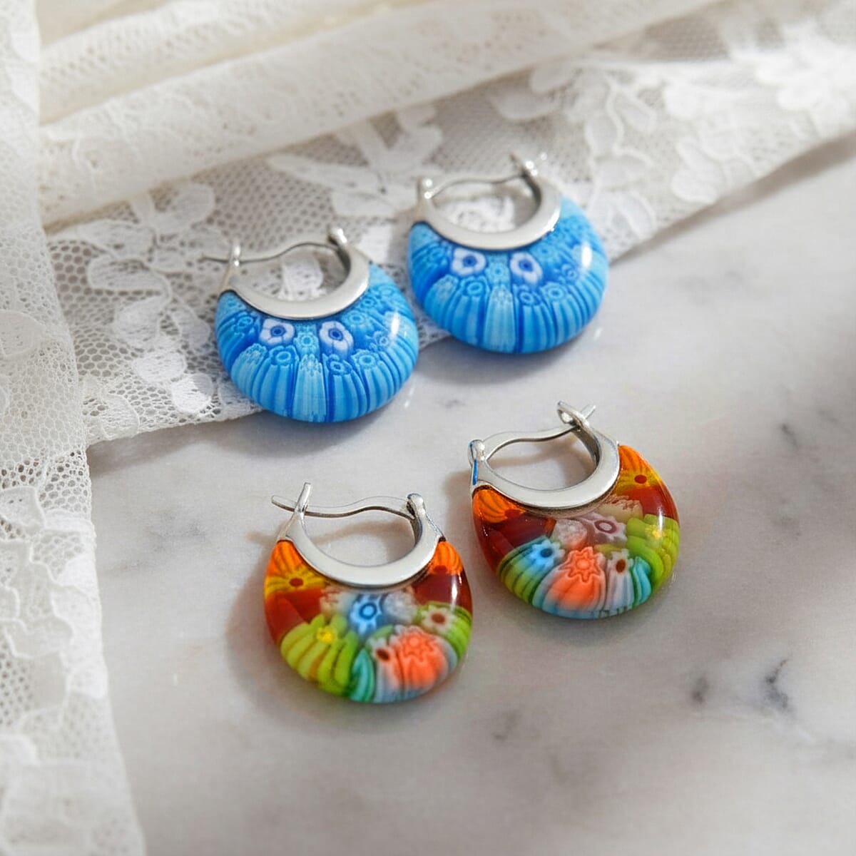 Set Of 2 Multi Color and Blue Color Murano Style Basket Earrings in Stainless Steel (Del. In 10-12 Days) image number 1