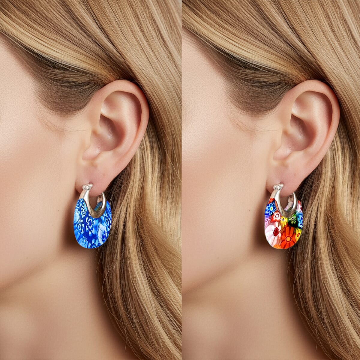 Set Of 2 Multi Color and Blue Color Murano Style Basket Earrings in Stainless Steel (Del. In 10-12 Days) image number 2