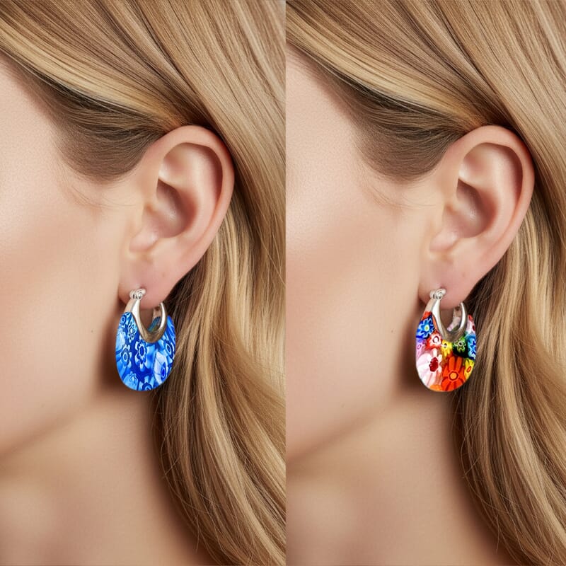 Set Of 2 Multi Color and Blue Color Murano Style Basket Earrings in Stainless Steel