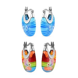 Set Of 2 Multi Color and Blue Color Murano Style Basket Earrings in Stainless Steel (Del. In 10-12 Days)