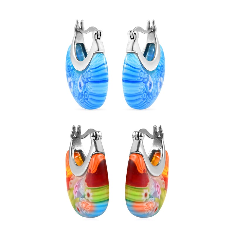 Set Of 2 Multi Color and Blue Color Murano Style Basket Earrings in Stainless Steel