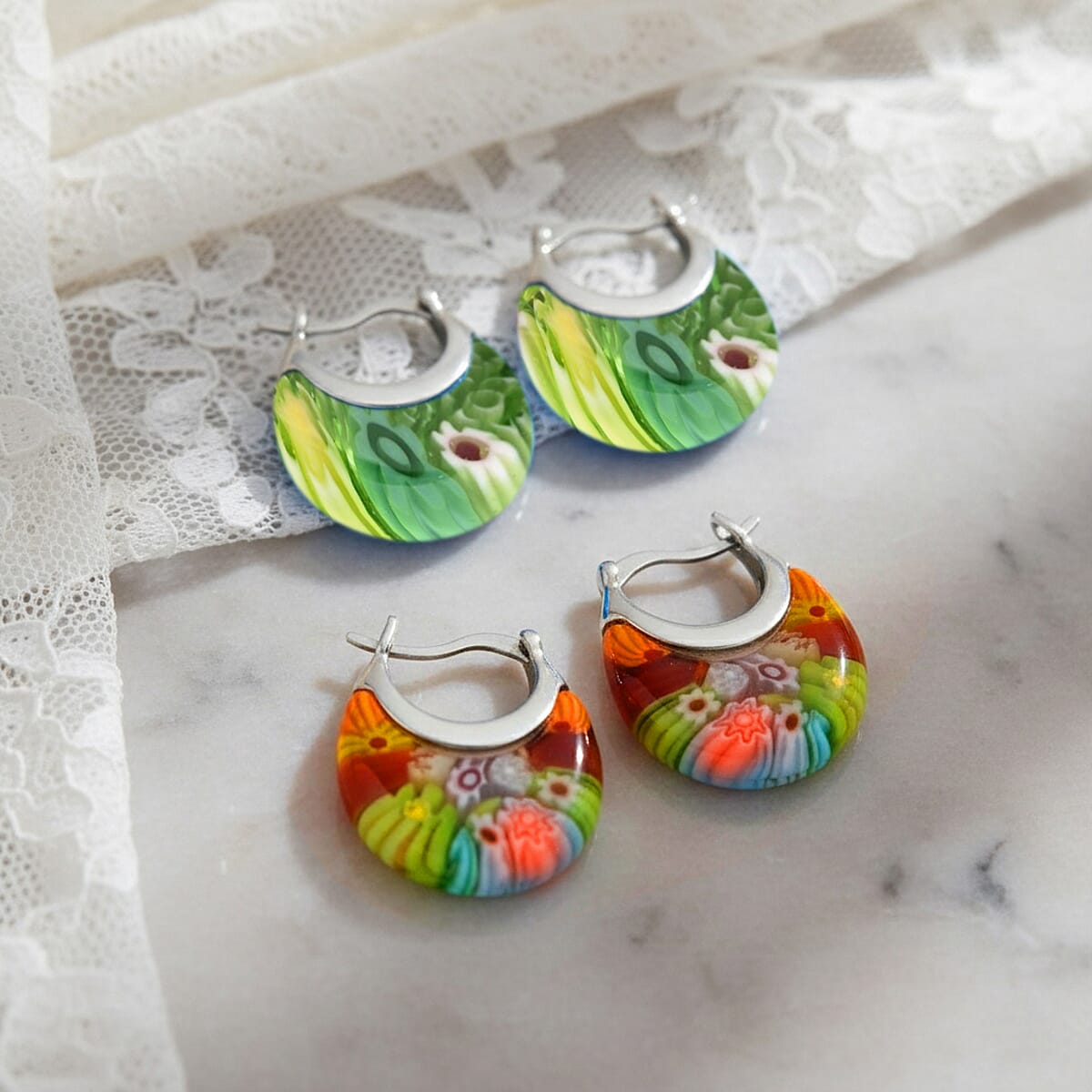 Set Of 2 Multi Color and Green Color Murano Style Basket Earrings in Stainless Steel (Del. In 10-12 Days) image number 1