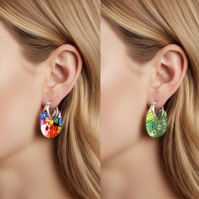 Set Of 2 Multi Color and Green Color Murano Style Basket Earrings in Stainless Steel