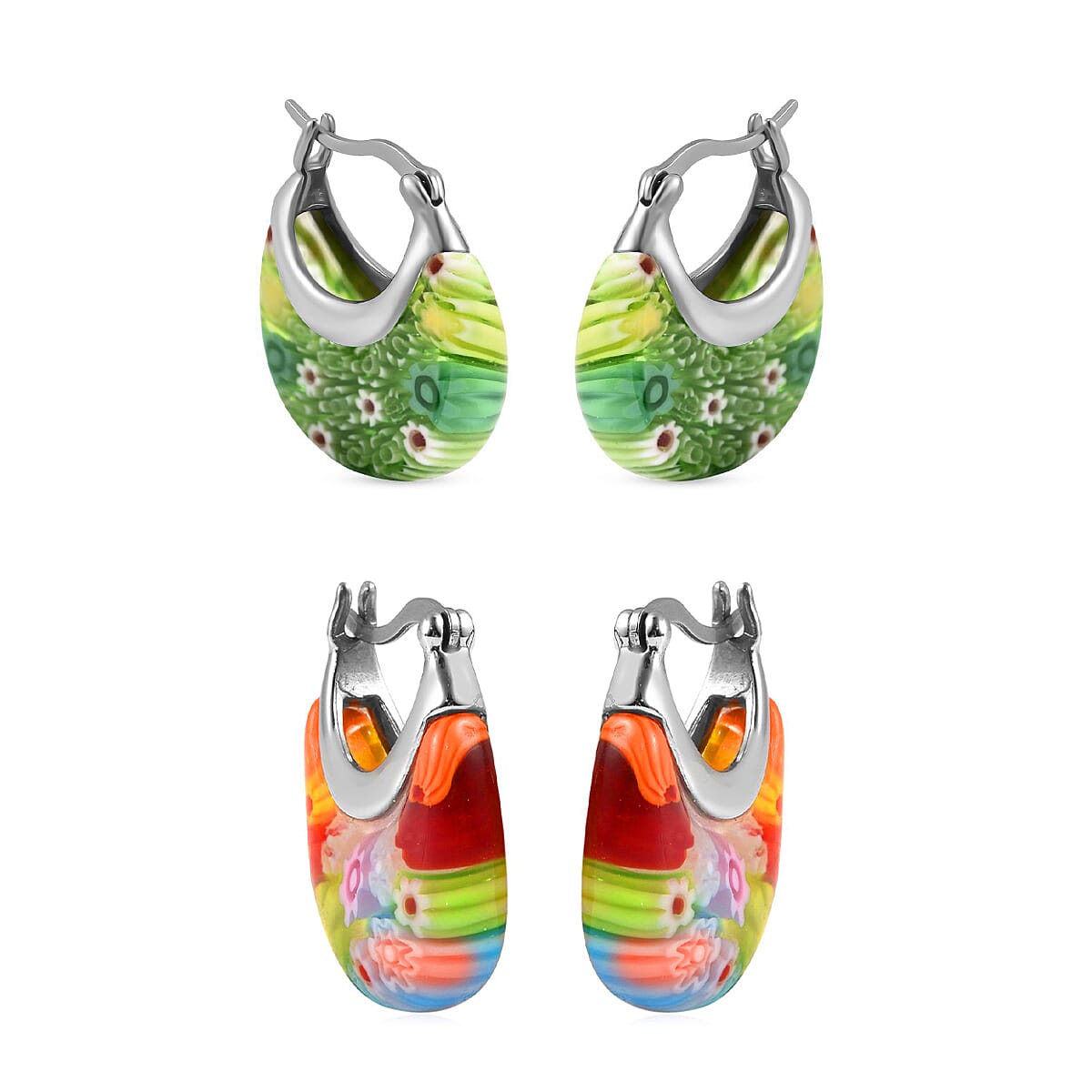 Set Of 2 Multi Color and Green Color Murano Style Basket Earrings in Stainless Steel