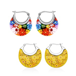 Set Of 2 Multi Color and Yellow Color Murano Style Basket Earrings in Stainless Steel (Del. In 10-12 Days)