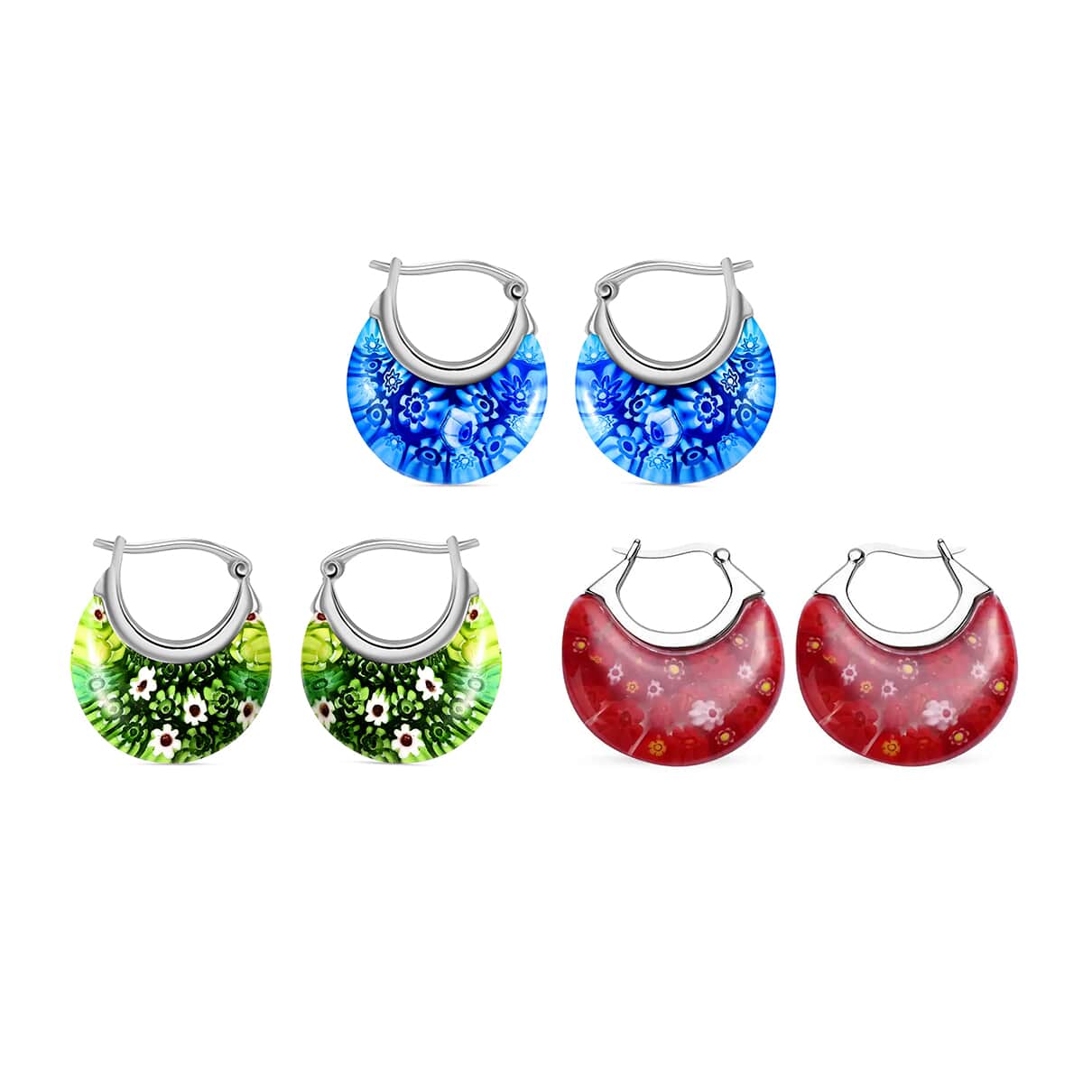 Set of 3 Blue, Red and Green Murano Style Basket Earrings in Stainless Steel image number 0