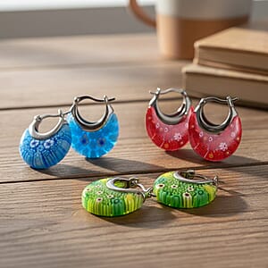 Set of 3 Blue, Red and Green Murano Style Basket Earrings in Stainless Steel (Del. In 10-12 Days)