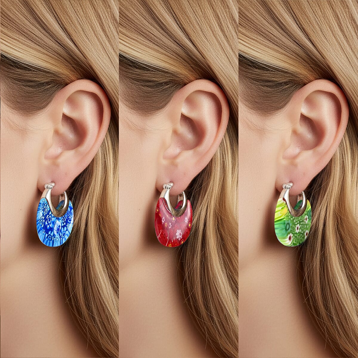 Set of 3 Blue, Red and Green Murano Style Basket Earrings in Stainless Steel (Del. In 10-12 Days) image number 2