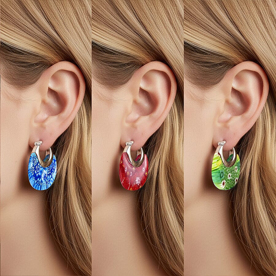 Set of 3 Blue, Red and Green Murano Style Basket Earrings in Stainless Steel