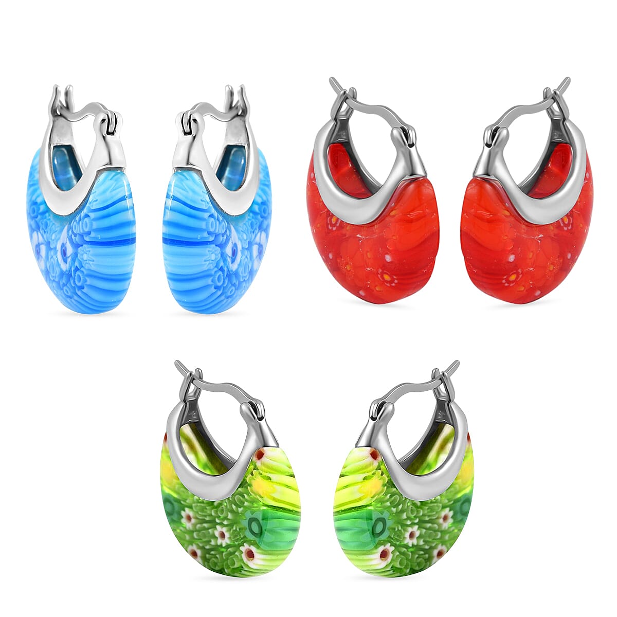 Set of 3 Blue, Red and Green Murano Style Basket Earrings in Stainless Steel (Del. In 10-12 Days) image number 3