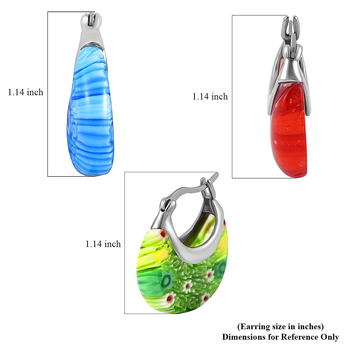 Set of 3 Blue, Red and Green Murano Style Basket Earrings in Stainless Steel (Del. In 10-12 Days) image number 4