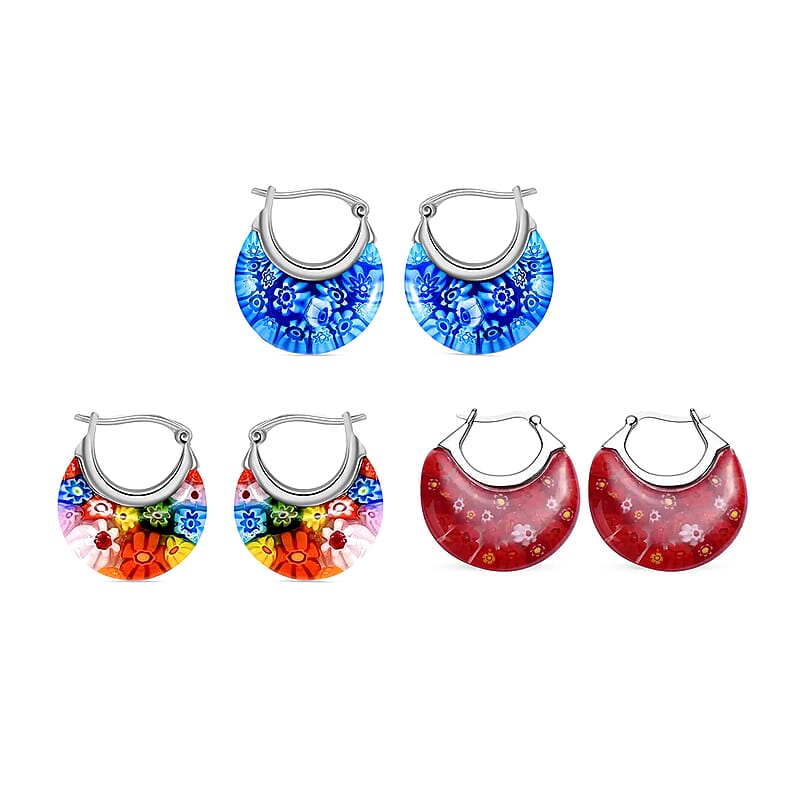 Set of 3 Multi, Red and Blue Murano Style Basket Earrings in Stainless Steel