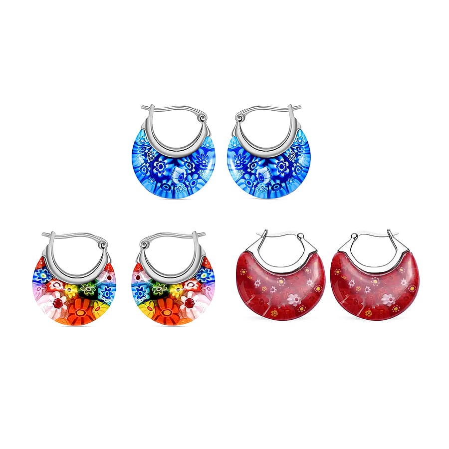 Set of 3 Blue, Red and Green Murano Style Basket Earrings in Stainless Steel