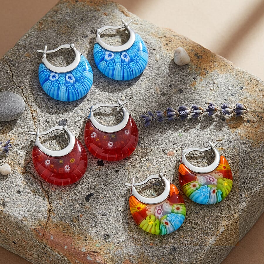 Set of 3 Blue, Red and Green Murano Style Basket Earrings in Stainless Steel