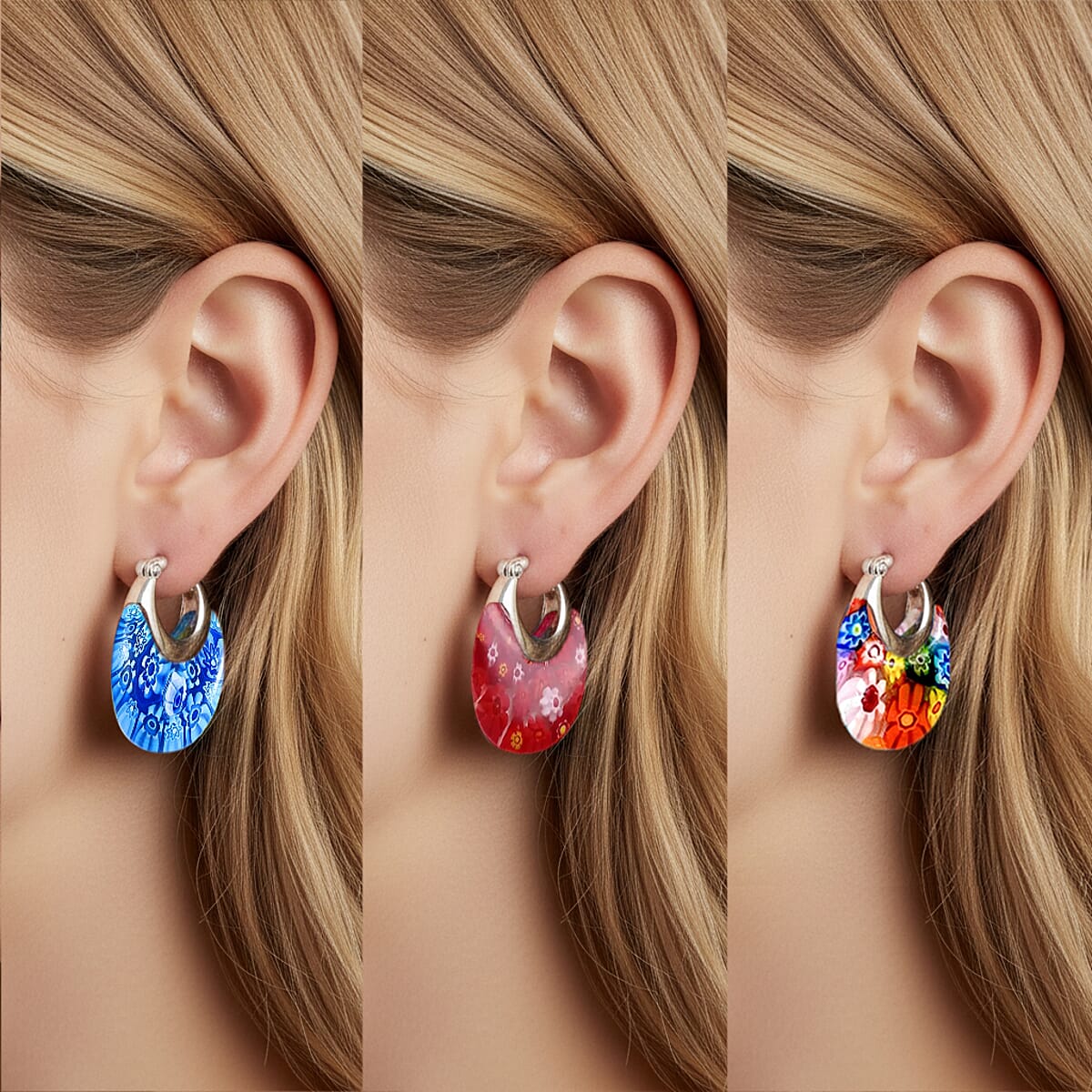 Set of 3 Multi, Red and Blue Murano Style Basket Earrings in Stainless Steel (Del. In 10-12 Days) image number 2