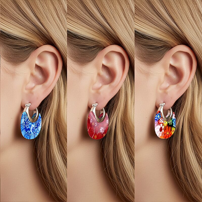 Set of 3 Multi, Red and Blue Murano Style Basket Earrings in Stainless Steel