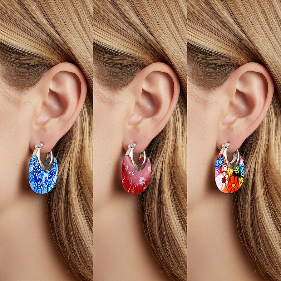 Set of 3 Blue, Red and Green Murano Style Basket Earrings in Stainless Steel