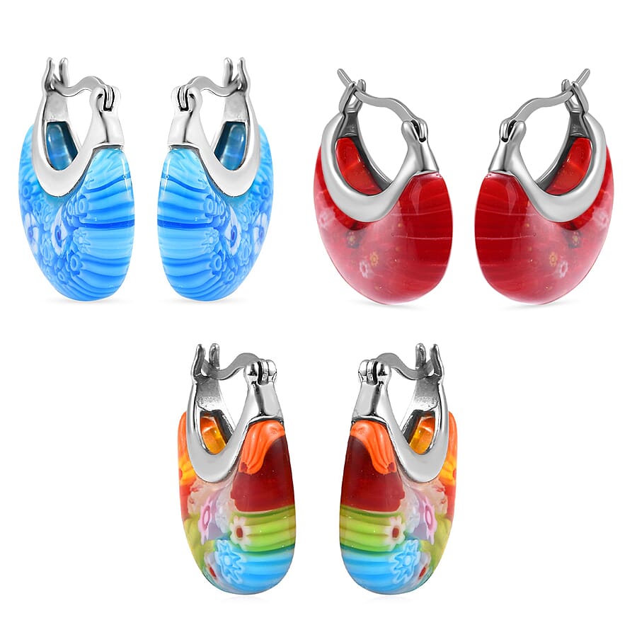 Set of 3 Blue, Red and Green Murano Style Basket Earrings in Stainless Steel