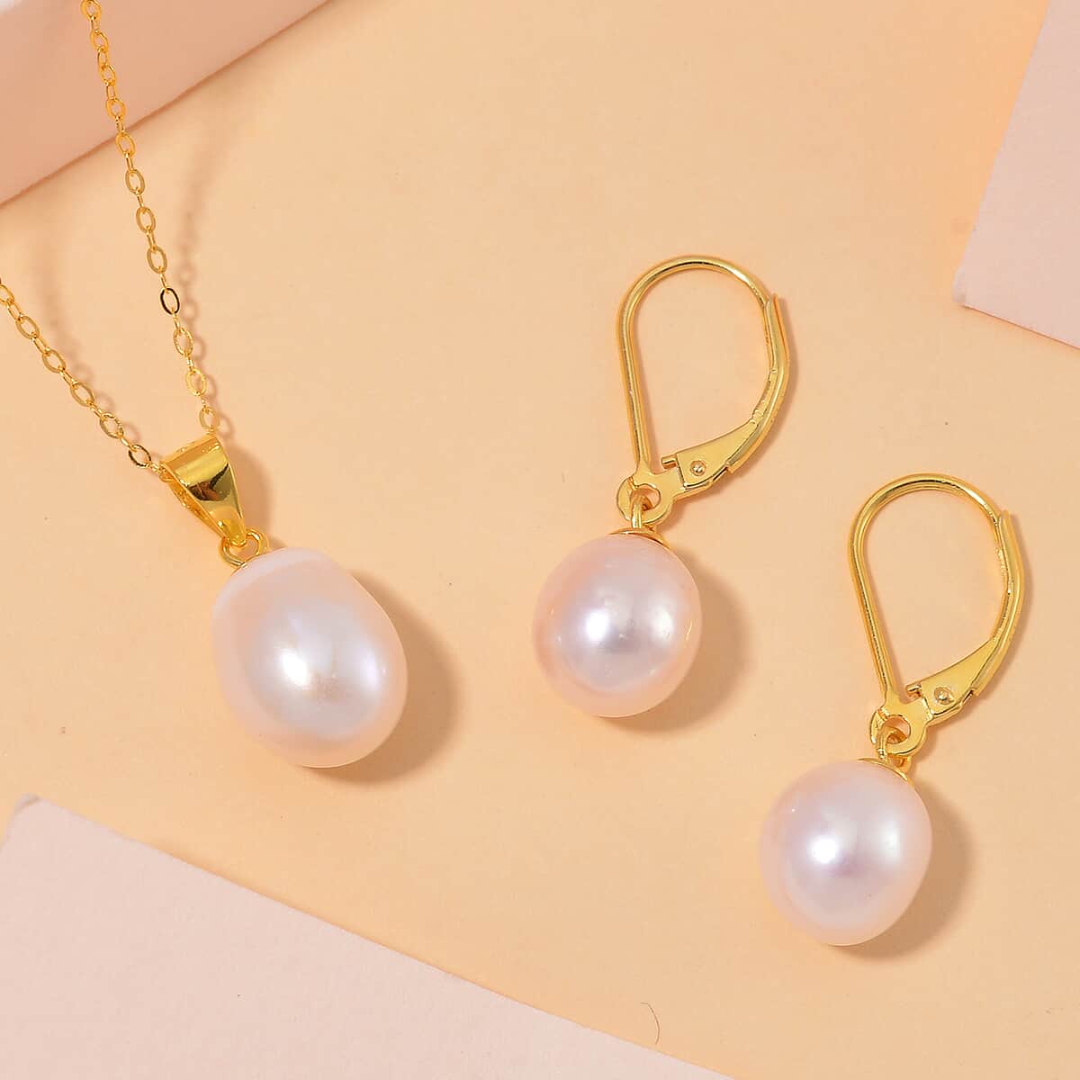 White Freshwater Pearl Drop Earrings and Pendant Necklace in 14K Yellow Gold Over Sterling Silver 20 Inches image number 1