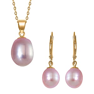 Purple Freshwater Pearl Drop Earrings and Pendant Necklace in 14K Yellow Gold Over Sterling Silver 20 Inches