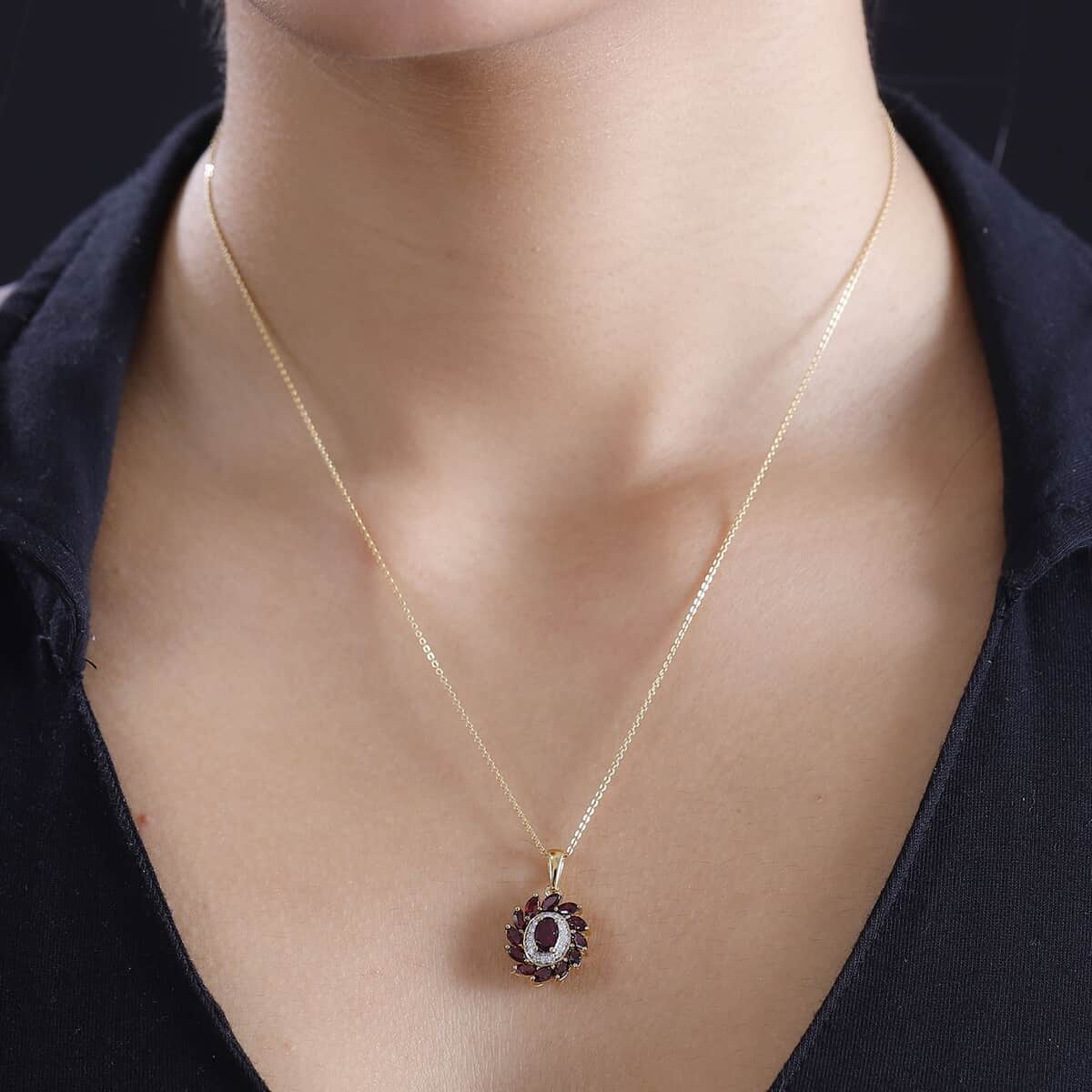 Premium Anthill Garnet and Moissanite 2.00 ctw Blossom Halo Pendant Necklace in 18K Vermeil Yellow Gold Over Sterling Silver 20 Inches image number 2