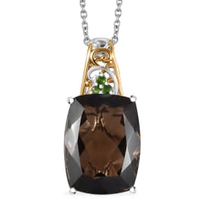 Brazilian Smoky Quartz and Chrome Diopside 19.35 ctw Art Deco Pendant in Vermeil YG and Platinum Over Sterling Silver with Stainless Steel Necklace 20 Inches