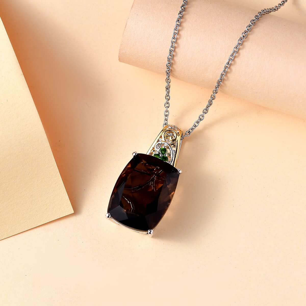 Brazilian Smoky Quartz and Chrome Diopside 19.35 ctw Art Deco Pendant in Vermeil YG and Platinum Over Sterling Silver with Stainless Steel Necklace 20 Inches image number 1