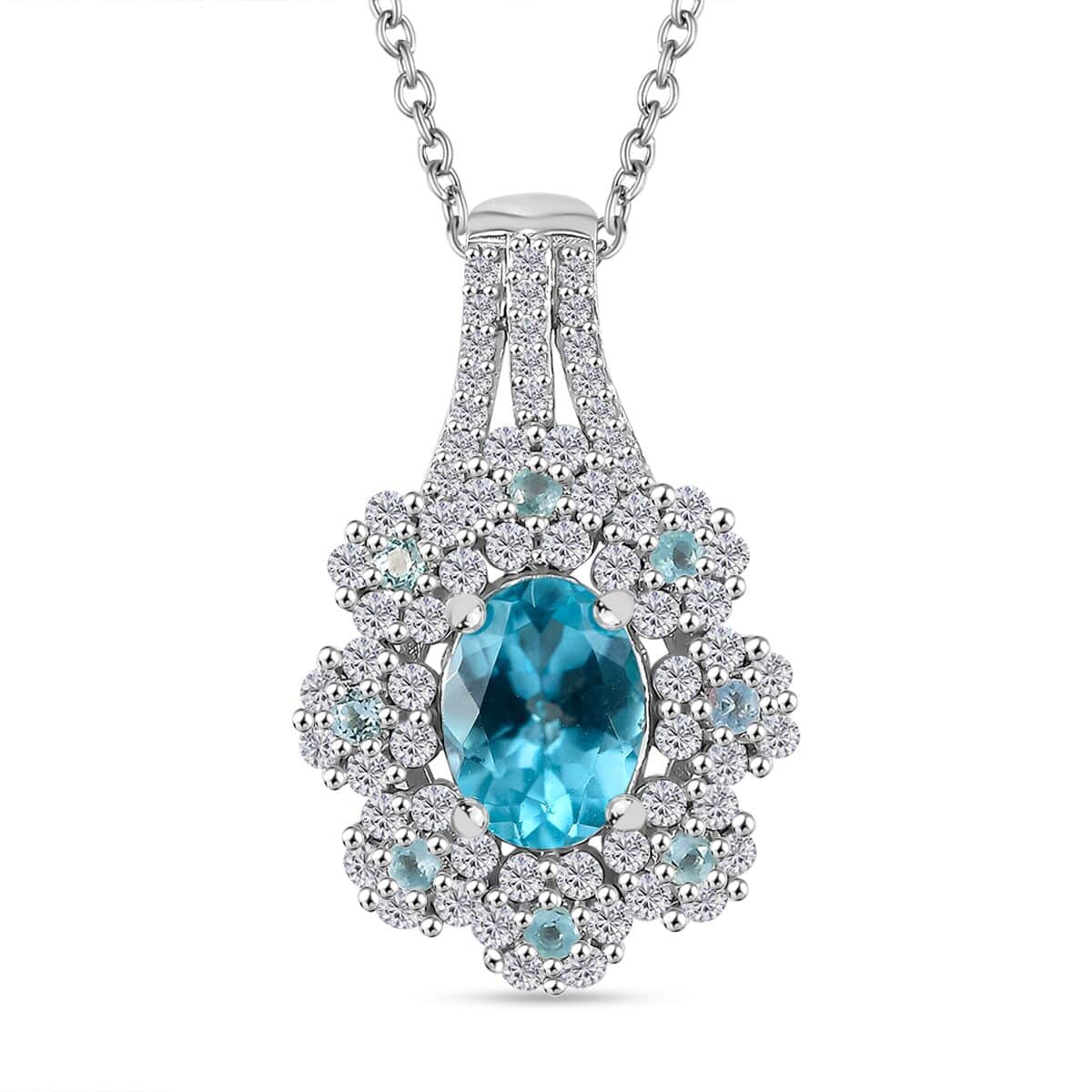 Premium Betroka Blue and Lagoon Apatite, Moissanite 2.10 ctw Azure Blossom Pendant Necklace in Rhodium Over Sterling Silver 20 Inches image number 0