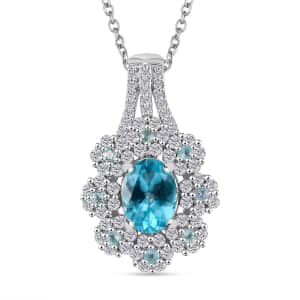 Premium Betroka Blue and Lagoon Apatite, Moissanite 2.10 ctw Azure Blossom Pendant Necklace in Rhodium Over Sterling Silver 20 Inches