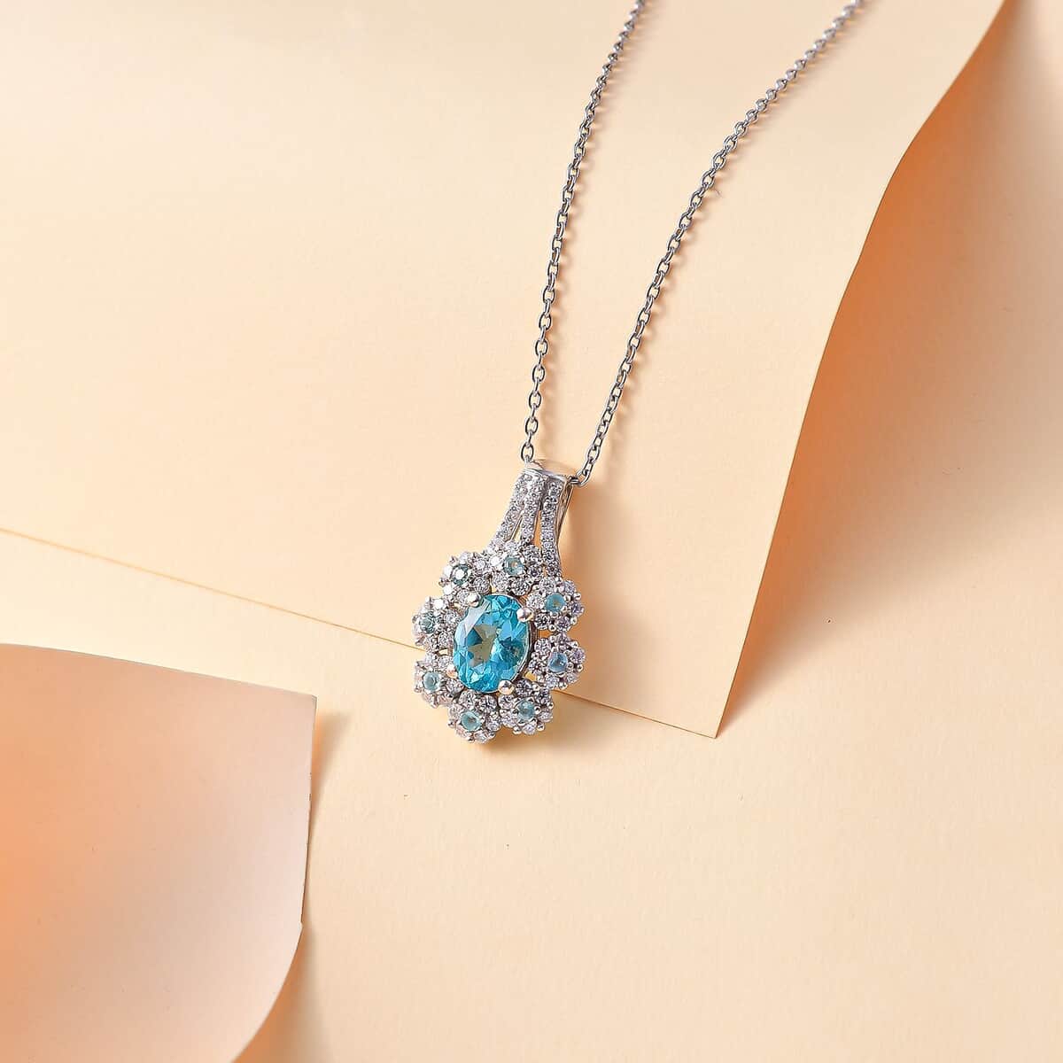 Premium Betroka Blue and Lagoon Apatite, Moissanite 2.10 ctw Azure Blossom Pendant Necklace in Rhodium Over Sterling Silver 20 Inches image number 1