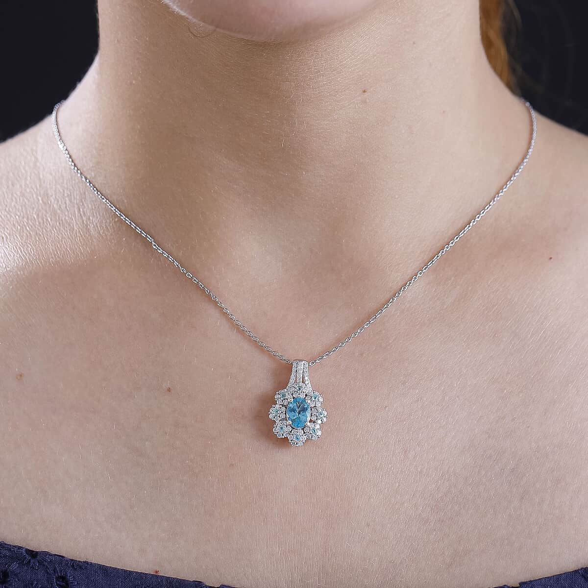 Premium Betroka Blue and Lagoon Apatite, Moissanite 2.10 ctw Azure Blossom Pendant Necklace in Rhodium Over Sterling Silver 20 Inches image number 2