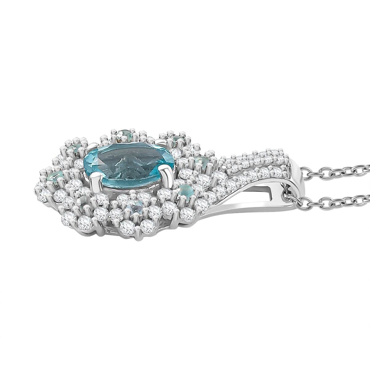 Premium Betroka Blue and Lagoon Apatite, Moissanite 2.10 ctw Azure Blossom Pendant Necklace in Rhodium Over Sterling Silver 20 Inches image number 3