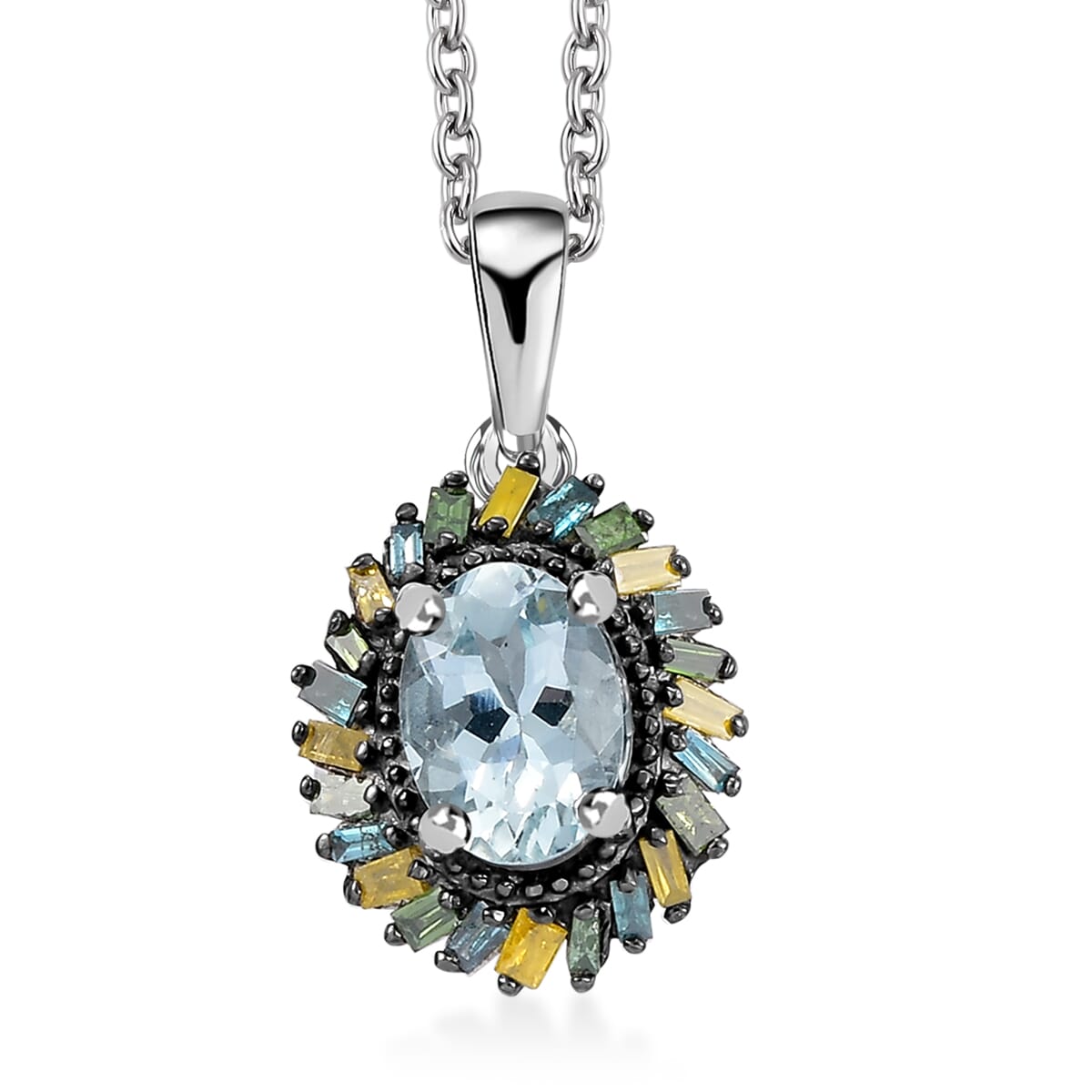 Premium Mangoro Aquamarine and Multi Color Diamond IR 0.90 ctw Pendant Necklace in Rhodium Over Sterling Silver 20 Inches image number 0