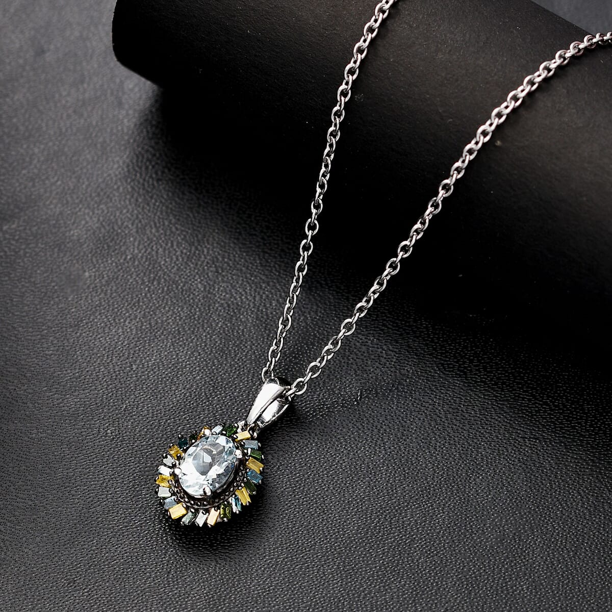 Premium Mangoro Aquamarine and Multi Color Diamond IR 0.90 ctw Pendant Necklace in Rhodium Over Sterling Silver 20 Inches image number 1