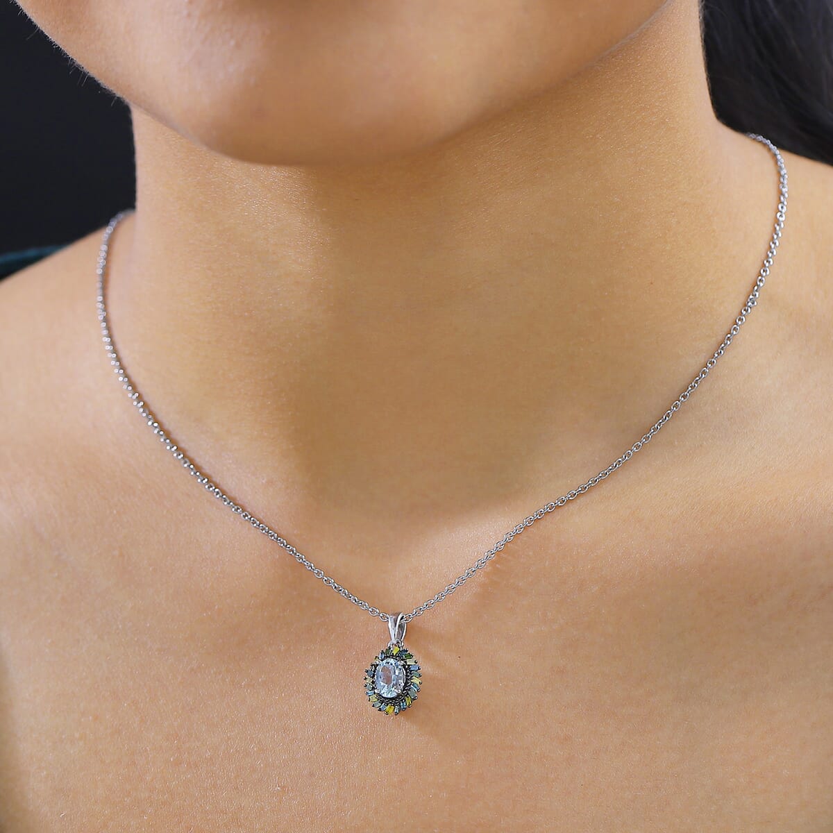 Premium Mangoro Aquamarine and Multi Color Diamond IR 0.90 ctw Pendant Necklace in Rhodium Over Sterling Silver 20 Inches image number 2