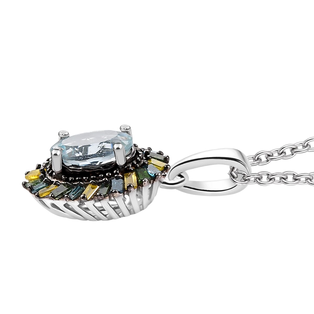Premium Mangoro Aquamarine and Multi Color Diamond IR 0.90 ctw Pendant Necklace in Rhodium Over Sterling Silver 20 Inches image number 3