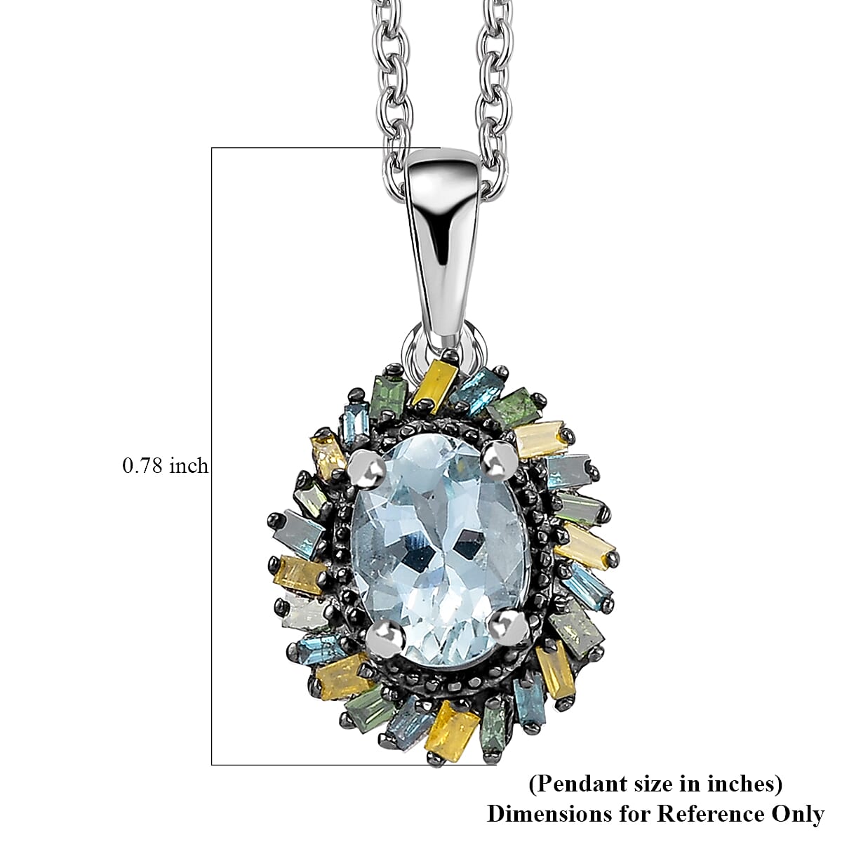 Premium Mangoro Aquamarine and Multi Color Diamond IR 0.90 ctw Pendant Necklace in Rhodium Over Sterling Silver 20 Inches