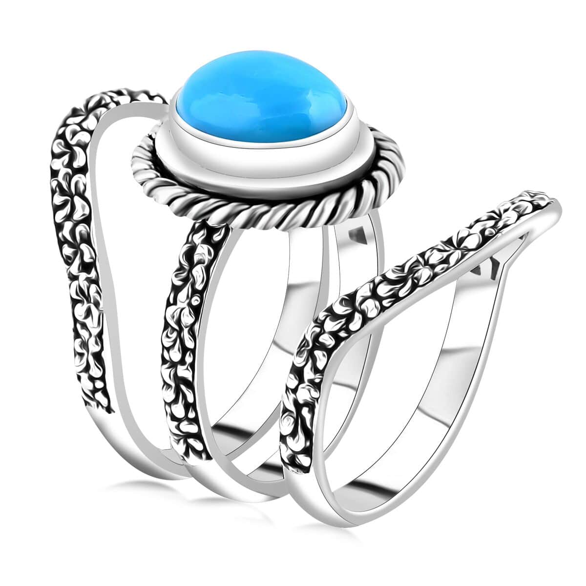 Bali Legacy Set of 3 Sleeping Beauty Turquoise 2.35 ctw Frangipani Flower Stackable Ring in Sterling Silver (Size 7)  image number 2