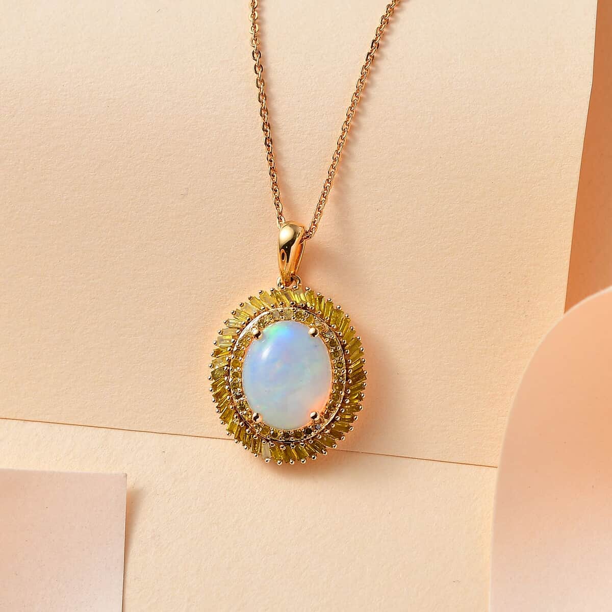 Premium Ethiopian Welo Opal and Yellow Diamond 2.75 ctw Water Oasis Pendant Necklace in 18K Vermeil Yellow Gold Over Sterling Silver 20 Inches image number 1