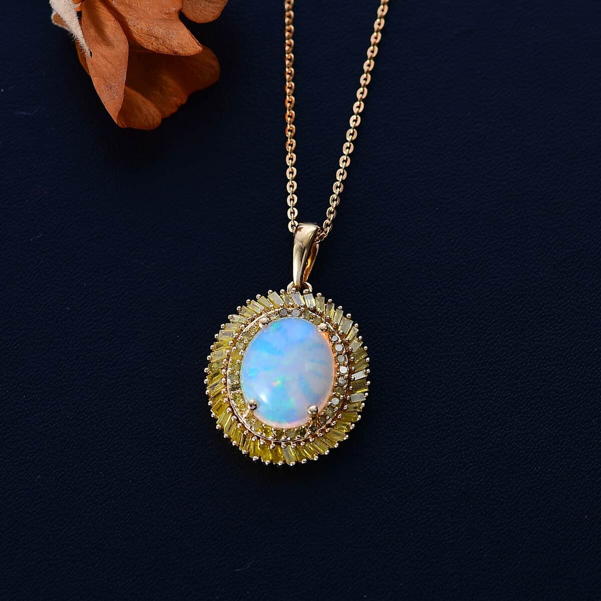 Premium Ethiopian Welo Opal and Yellow Diamond 2.75 ctw Water Oasis Pendant Necklace in 18K Vermeil Yellow Gold Over Sterling Silver 20 Inches image number 2