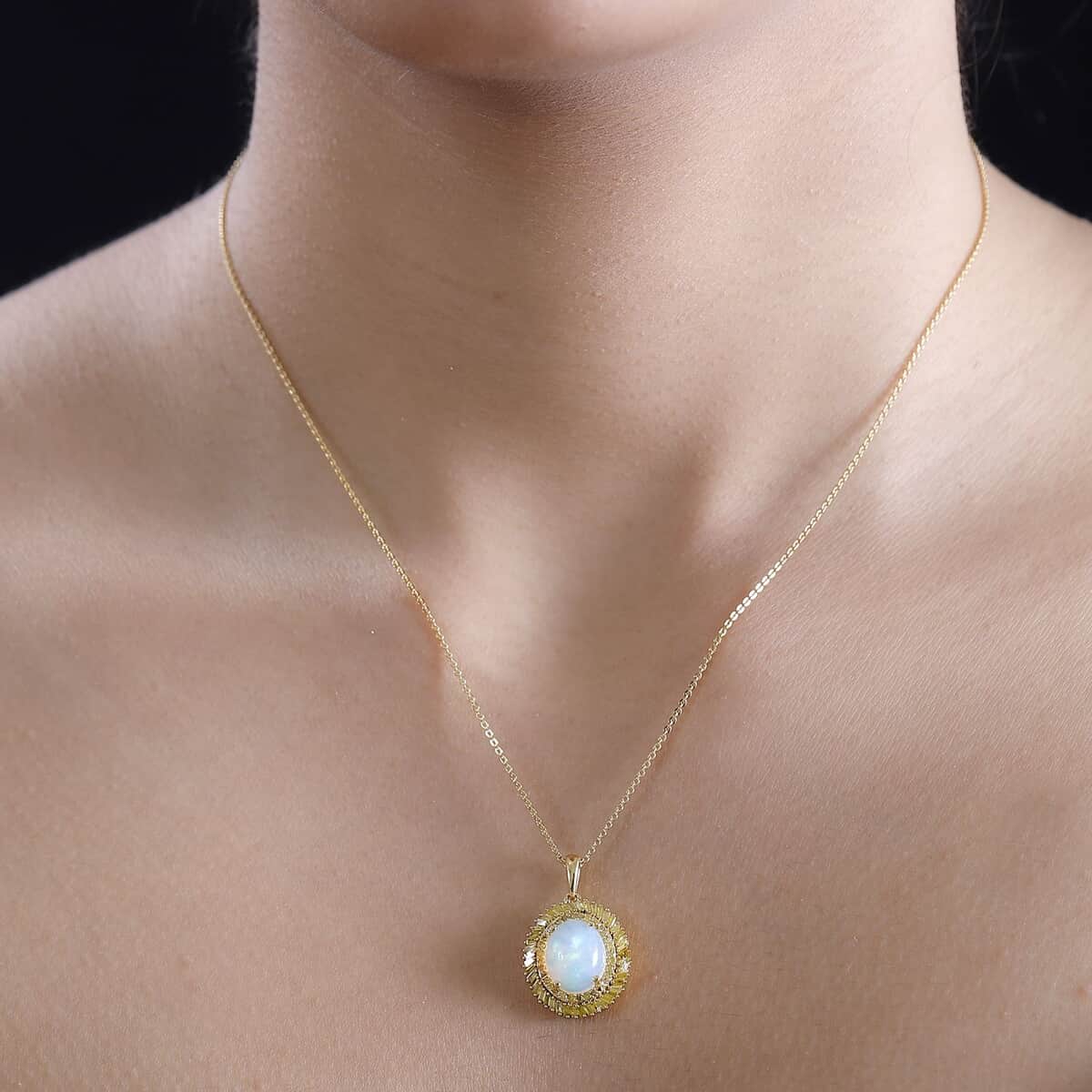 Premium Ethiopian Welo Opal and Yellow Diamond 2.75 ctw Water Oasis Pendant Necklace in 18K Vermeil Yellow Gold Over Sterling Silver 20 Inches image number 3