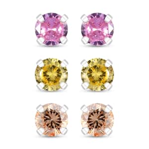 Set of 3 Simulated Pink, Yellow and Champagne Color Diamond 4.85 ctw Stud Earrings in Sterling Silver 