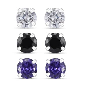 Set of 3 Simulated Black, White and Tanzanite Color Diamond 4.70 ctw Set of 3 Earrings in Sterling Silver 