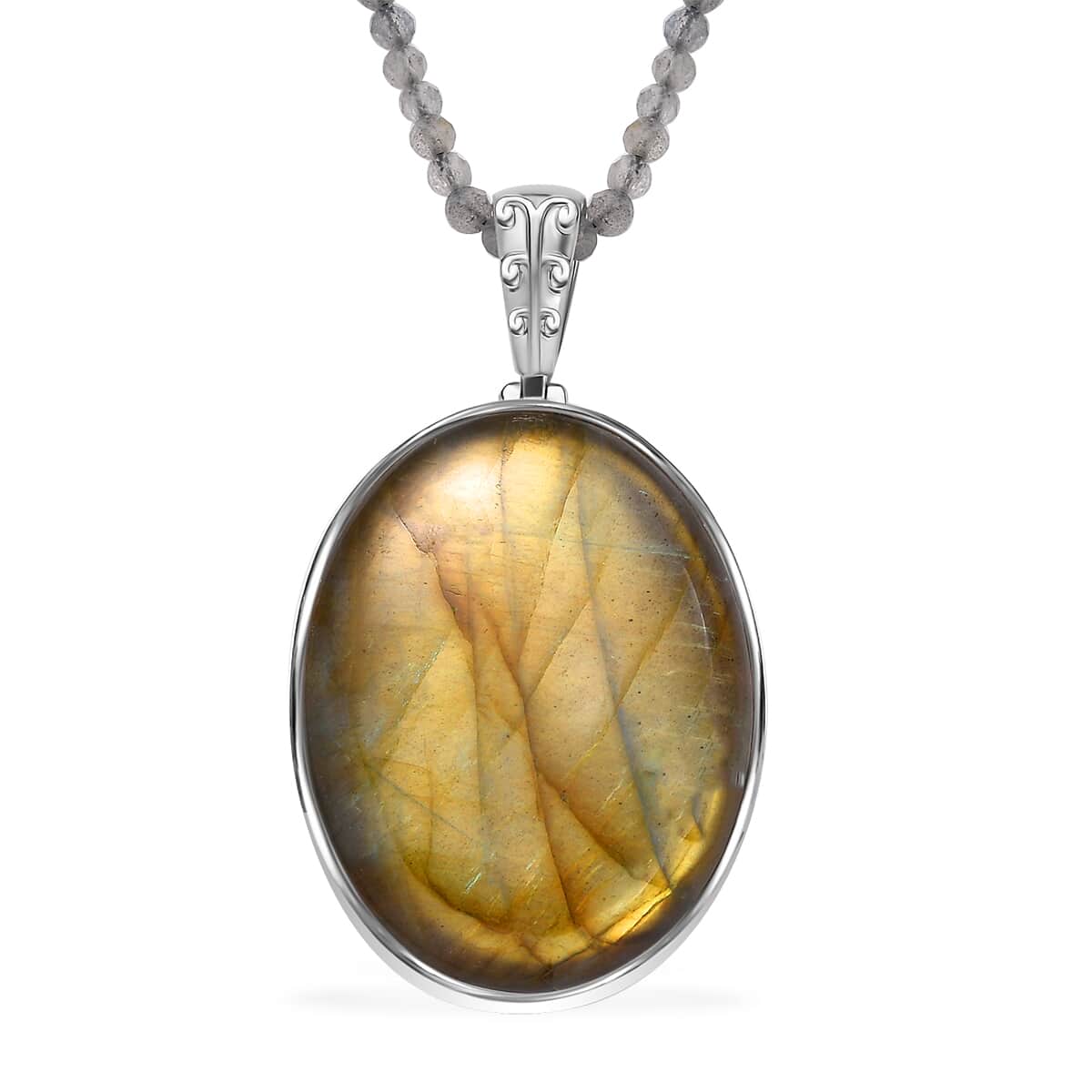 Karis Malagasy Labradorite 135.00 ctw Solitaire Pendant with Beaded Necklace in Platinum Bond 20 Inches image number 0