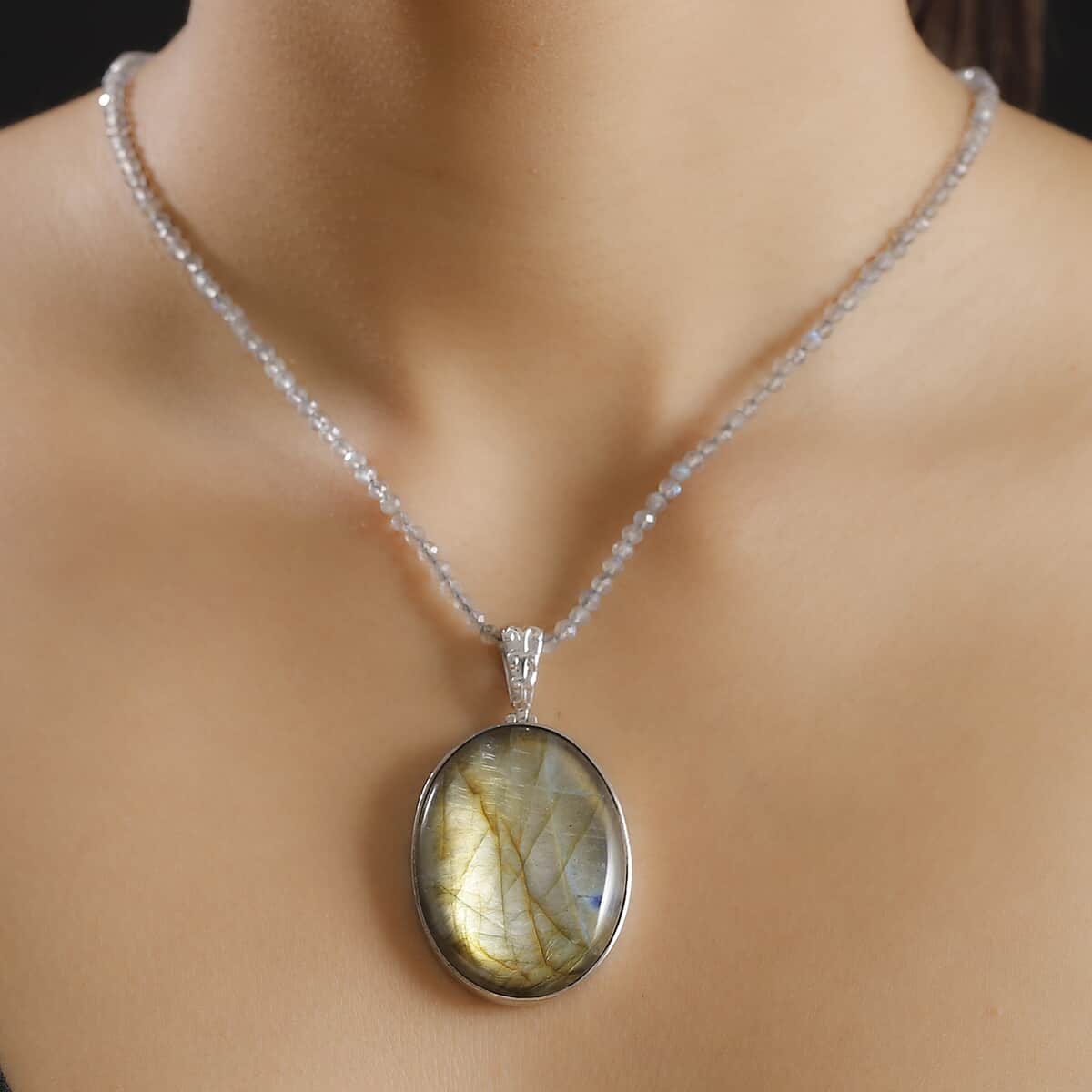 Karis Malagasy Labradorite 135.00 ctw Solitaire Pendant with Beaded Necklace in Platinum Bond 20 Inches image number 2