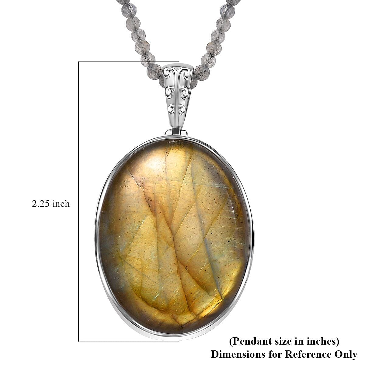 Karis Premium Malagasy Labradorite 135.00 ctw Solitaire Pendant with Beaded Necklace in Platinum Bond 20 Inches