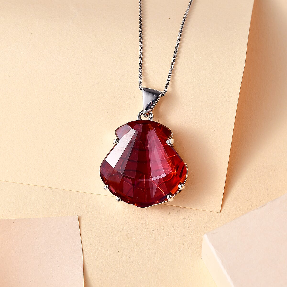 J Francis Embellished with Red Magma Crystal by Swarovski Shield Pendant Necklace in Platinum Over Sterling Silver 20 Inches image number 1