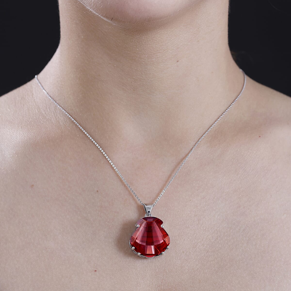 J Francis Embellished with Red Magma Crystal by Swarovski Shield Pendant Necklace in Platinum Over Sterling Silver 20 Inches image number 2